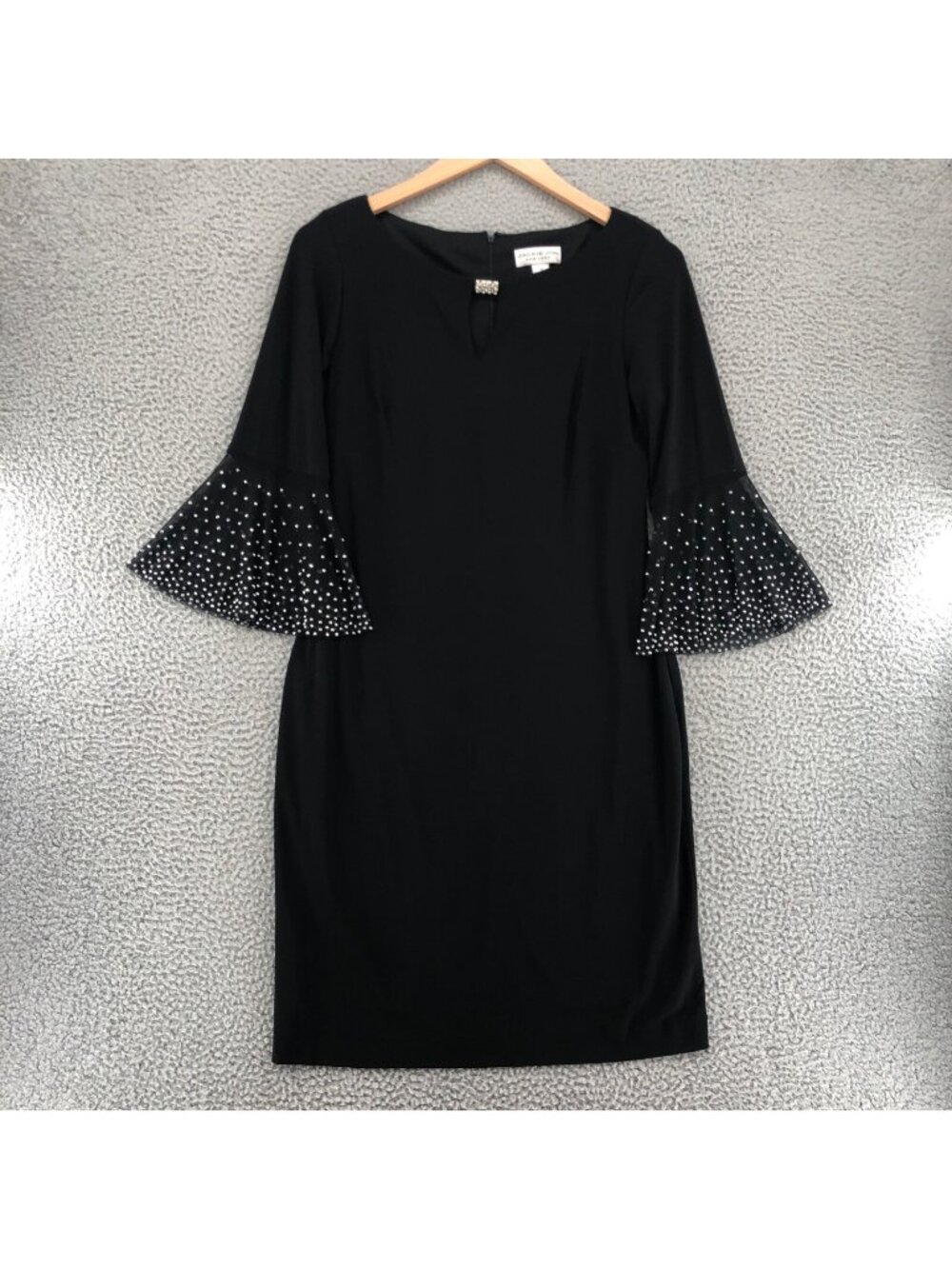 Jackie Jon Dress Womens 10 Black Knee Shift 3/4 Bell Sleeve Stretch Beaded Bling